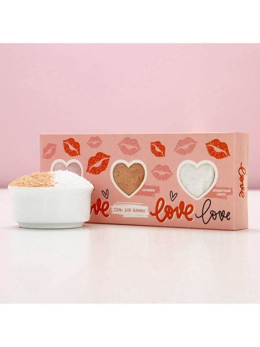 Соль для ванны Love, 3×100 г, аромат сочный персик, карамель, кокос, Чистое счастье