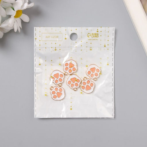 Цена за 6 шт. Металлический элемент, декоративная подвеска «Арт Узор. Кошачья лапка», эмаль, бело-розовый, 1.7×1.5 см