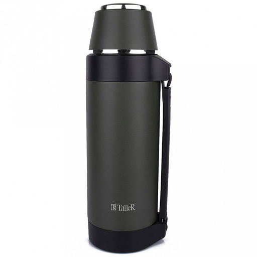 Термос из нержавеющей стали с узкой горловиной 1,5л Лукас д10см, h33,5см, горло д5см, полировка матовая, кнопка-клапан для налива, крышка-стаканчик, ручка, ремень, зеленый, TalleR (Китай)