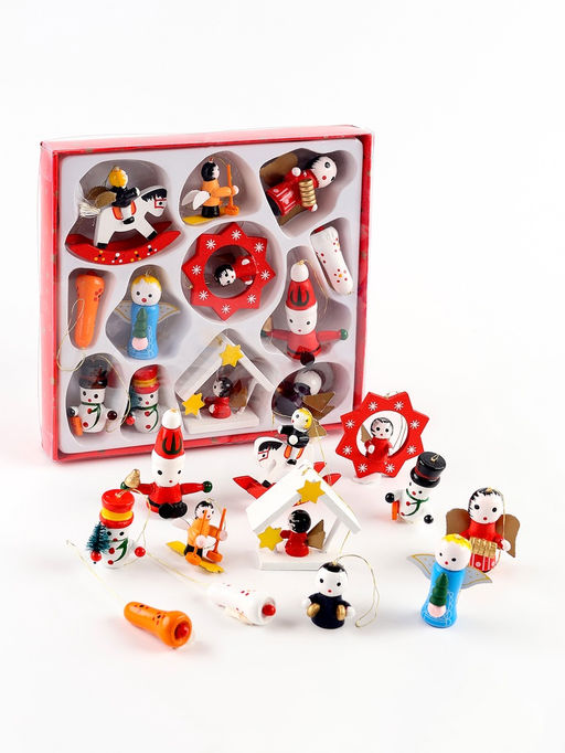 Подвески на новый год в подарочной коробке деревянной, набор 12 шт.