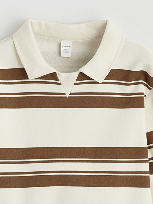 Polo Yaka ?izgili Erkek ?ocuk Kal?n Sweatshirt