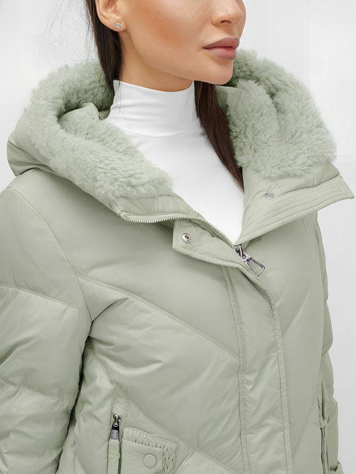 Куртка зимняя женская из овчина стильная и модная салатового цвета 7348Sl