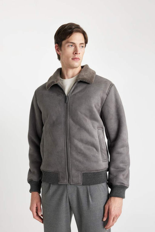 Замшевое пальто приталенного кроя с воротником-поло на подкладке - Defacto фото 4