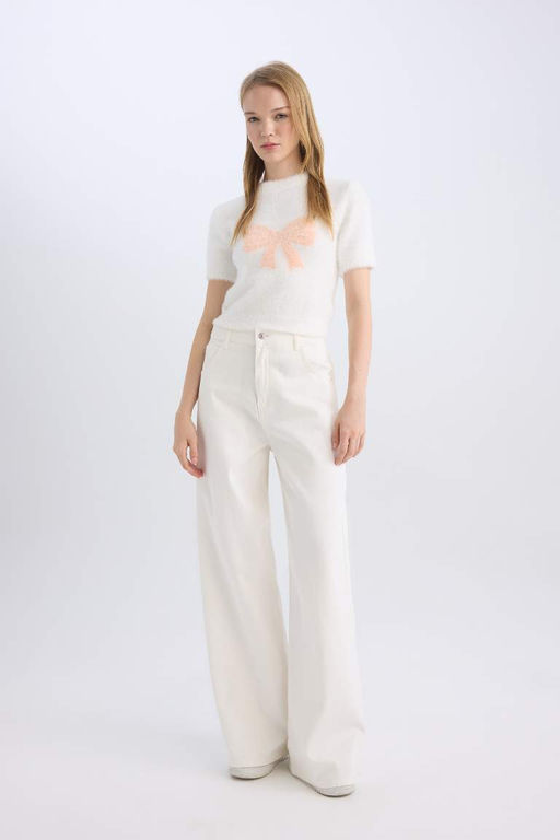 Женский крутой свитер стандартной посадки с лентой и бантом, детальный круглый вырез, короткий рукав, плюшевый трикотаж из пряжи, свитер - Defacto фото 2