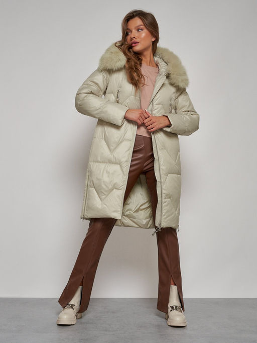 Пальто утепленное с капюшоном зимнее женское светло-зеленого 13305ZS - Visdeer фото 13