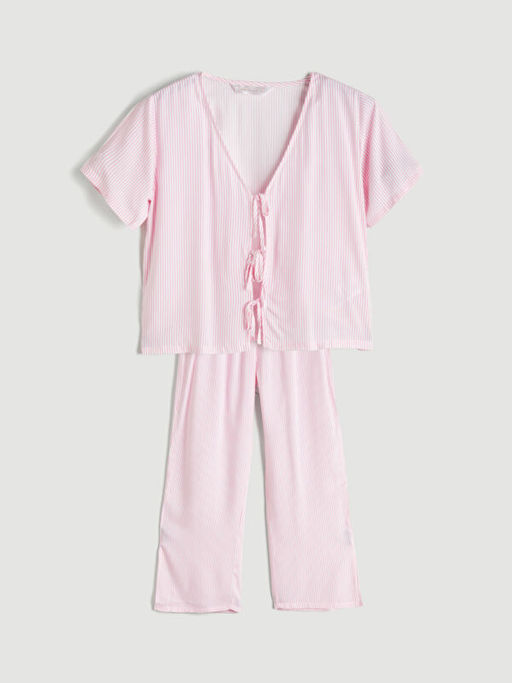 V Yaka ?izgili Kad?n Pijama Tak?m?