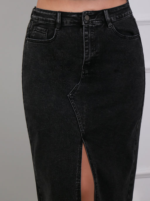 Юбка джинсовая с бахромой и разрезом спереди - Almond фото 6