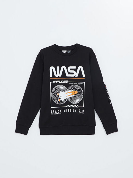 Bisiklet Yaka Nasa Bask?l? Uzun Kollu Erkek ?ocuk Sweatshirt