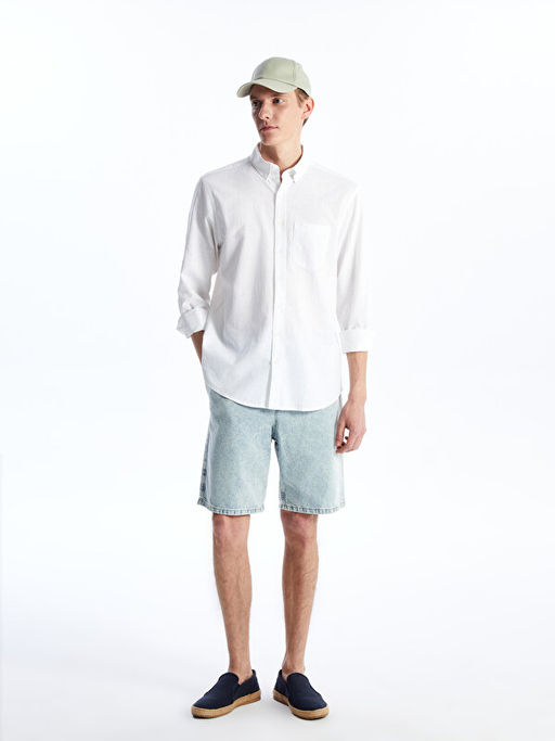 Regular Fit Uzun Kollu Keten Kar???ml? Erkek G?mlek