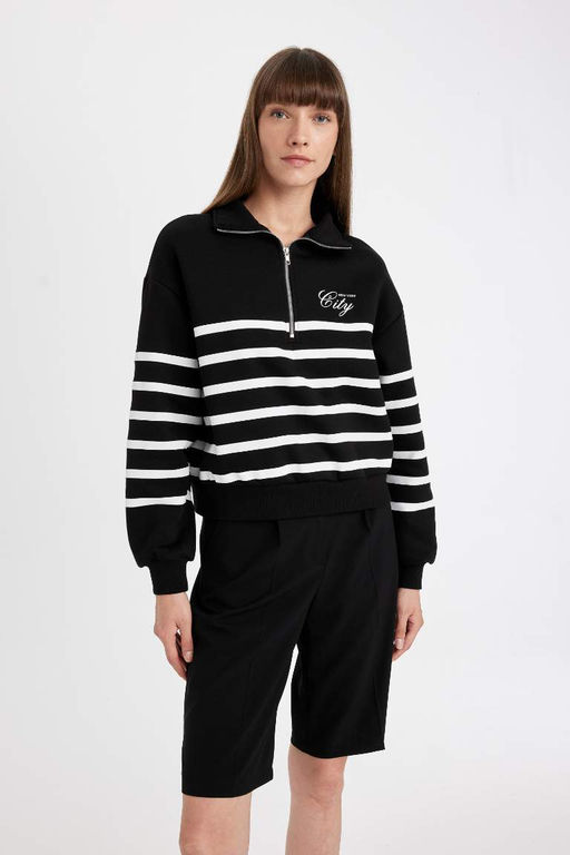 Толстый повседневный свитшот в полоску с половиной молнии обычного кроя - Defacto фото 5