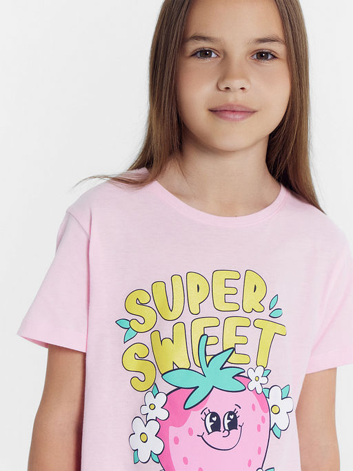 Комплект для девочек (футболка, шорты) розовый с принтом клубника - Mark formelle фото 4