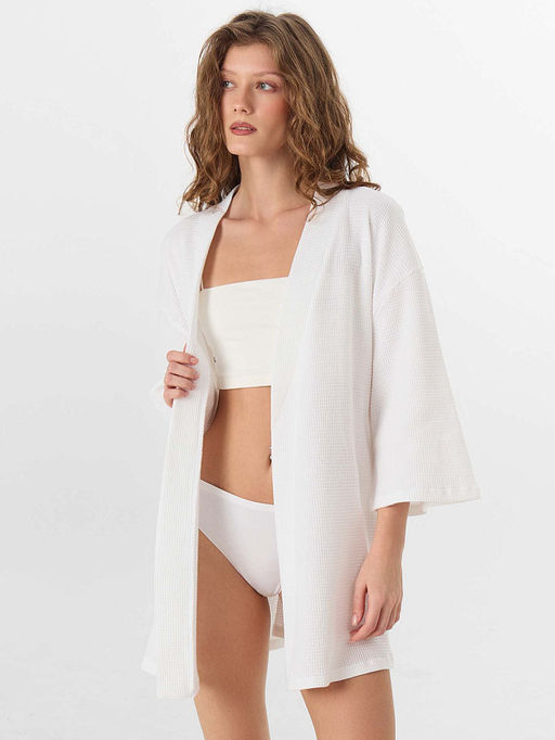 Халат женский белый вафельный укороченный