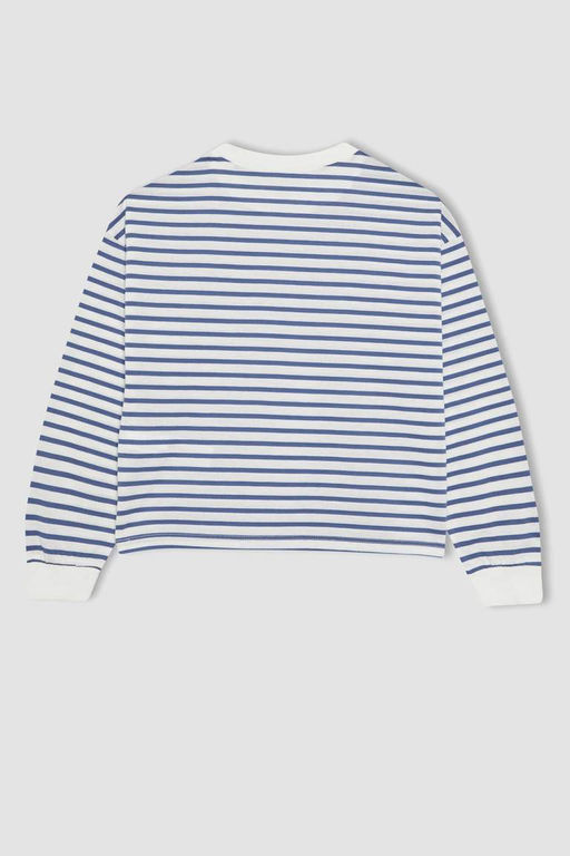 Полосатая футболка с длинными рукавами из чесаного хлопка с круглым вырезом для девочек - Defacto фото 8
