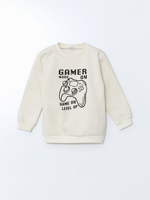 Bisiklet Yaka Bask?l? Erkek ?ocuk Kal?n Sweatshirt