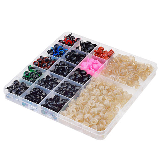 Набор для декорирования. Глазки и носики" пластиковый, 250 шт, тип крепления - винтовой с фиксатором, глазки разноцветные (зел, желт ,син, красн, прозрач) 10мм - 80 шт, глазки черные (6мм, 8мм, 10мм, 12 мм, 14мм) - 90 шт,  носики (черн, роз, корич) 9x12мм