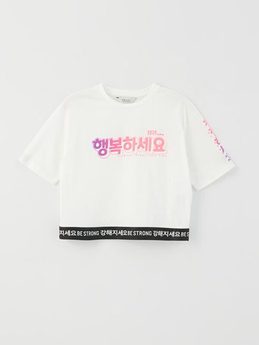 Bisiklet Yaka K-Pop Bask?l? K?sa Kollu K?z ?ocuk Crop Ti??rt