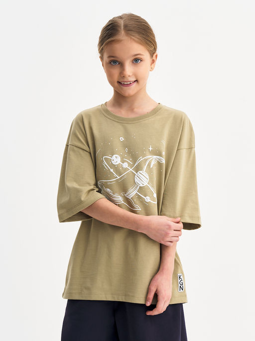 Футболка для девочки цвета хаки с принтом - Kogankids фото 19