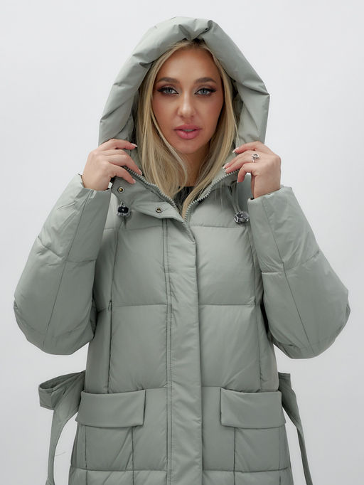 Пальто утепленное стеганное зимнее с капюшоном женское зеленого цвета 9609Z - Mtforce фото 14
