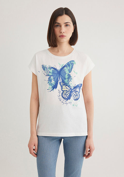 Kelebek Bask?l? Beyaz Tisort - Mavi фото 3