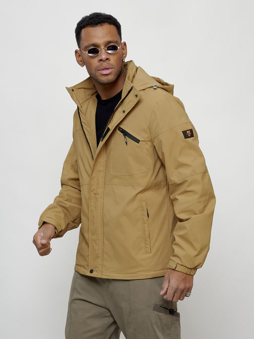 Куртка спортивная мужская весенняя с капюшоном бежевого цвета 88021B