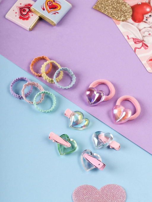 Цена за 12 шт. Набор для волос «Аделия»: 10 резинок 3 см, 4 зажима 3 см, сердце, МИКС