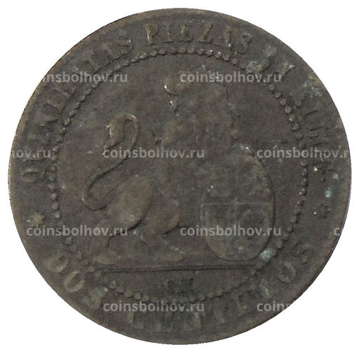 Монета 2 сентимо 1870 года Испания