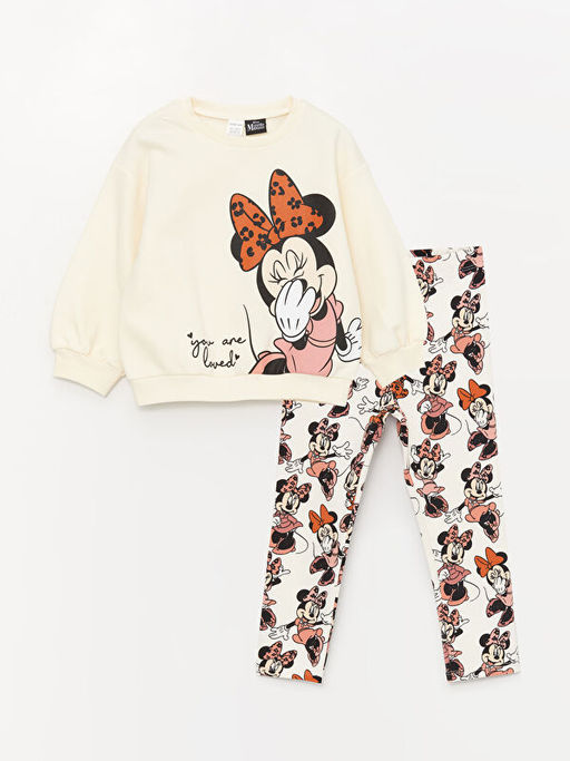 Bisiklet Yaka Uzun Kollu Minnie Mouse Bask?l? K?z Bebek Sweatshirt ve Tayt 2li Tak?m