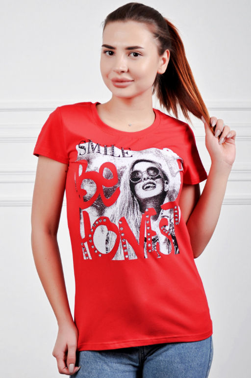 Арт. 879 Футболка женская 42-52 (6 шт) Цвет:красный - Калинка фото 4