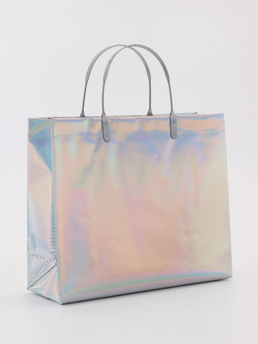 Пакет подарочный ПВХ, голография, серебро, пластиковая ручка, 26×22.5×10 см