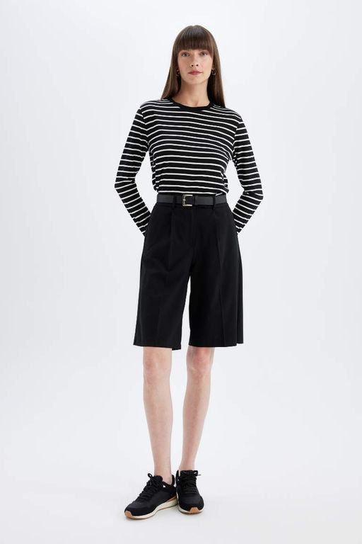 Женская повседневная полосатая футболка обычного кроя с круглым вырезом и длинными рукавами - Defacto фото 2