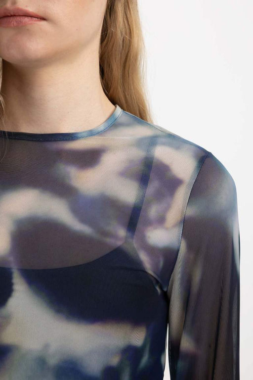 Облегающая футболка из тюля с круглым вырезом и длинными рукавами с рисунком - Defacto фото 5