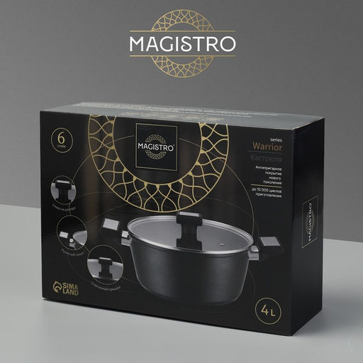 Кастрюля Magistro Warrior, 4 л, d=24 см, h=10.5 см, с крышкой, антипригарное покрытие, индукция, алюминий, чёрная