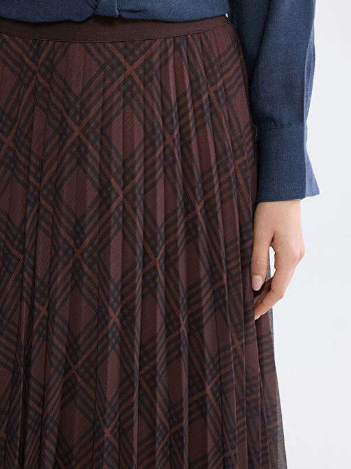 Beli Lastikli Ekose Desenli Pileli Etek