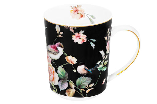 Кружка 360 мл 12*8,5*10,5 см Певчие птички на черном NEW BONE CHINA