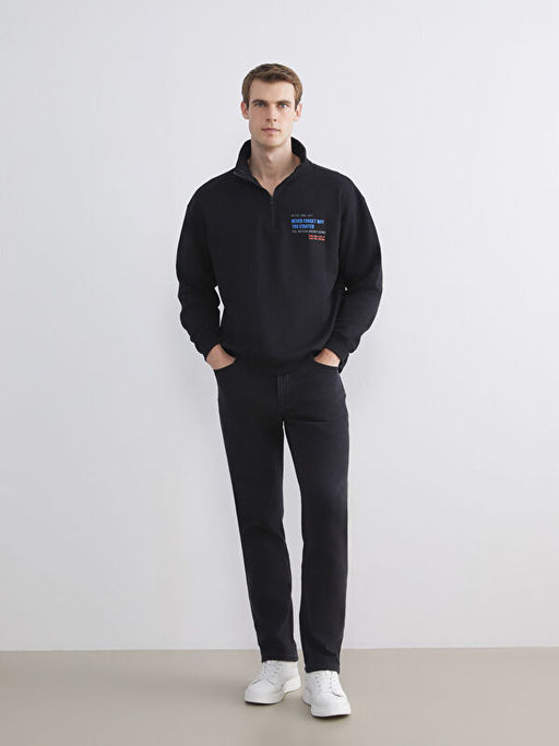 Dik Yaka Bask?l? Erkek Kal?n Sweatshirt