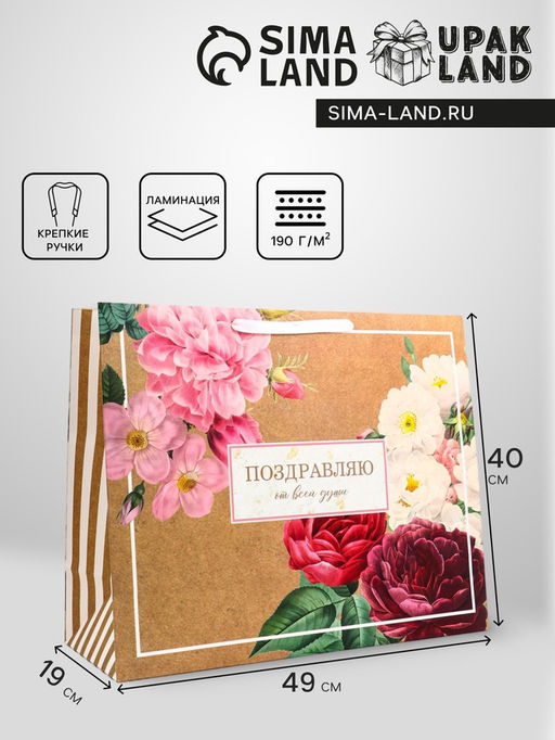 Пакет подарочный горизонтальный «Поздравляю от всей души», 49×40×19 см