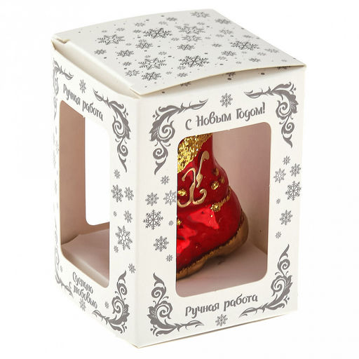 Елочная игрушка фигурка стеклянная "Сапожок", красный, ручная художественная роспись, подарочная упаковка (Россия)