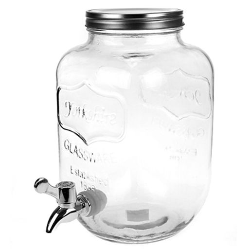Лимонадник стеклянный с крышкой "Погребок" 4л, 15х15см h25см, д/горловины 9,3см, с краником, металлическая винтовая крышка (диаметр основания - 11,5см) (Китай)