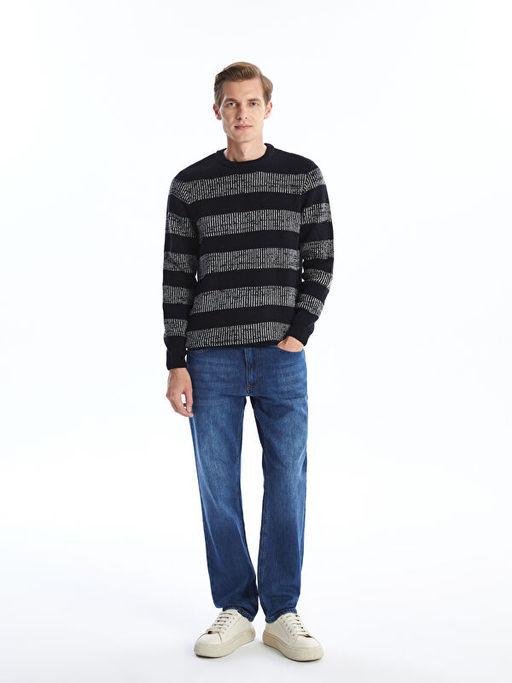 Bisiklet Yaka Uzun Kollu ?izgili Erkek Triko Kazak