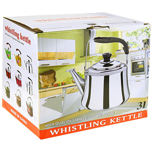 "Ладога" Чайник из нержавеющей стали 3л, д18,5см h16,5см, со встроенным в крышку свистком, подвижная пластмассовая ручка, цветная коробка (Китай)