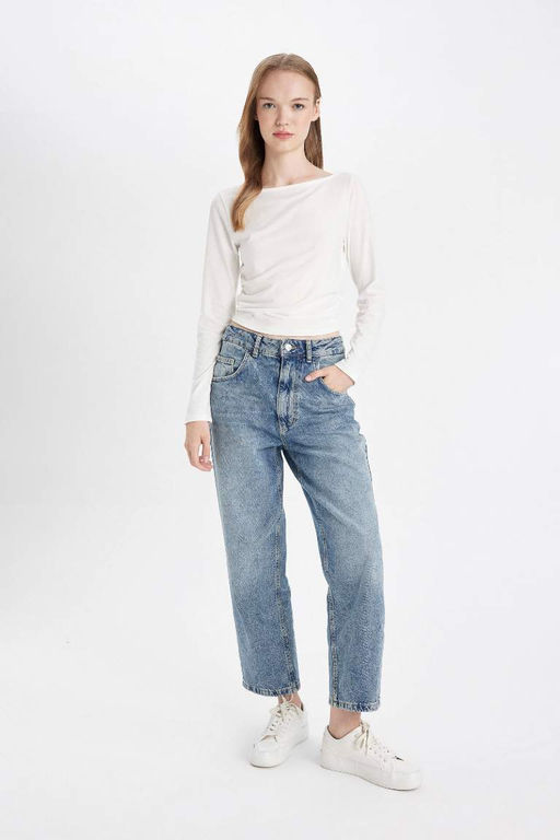 Джинсовые брюки до щиколотки Baggy Fit с высокой талией и складками, потертые брюки - Defacto фото 2
