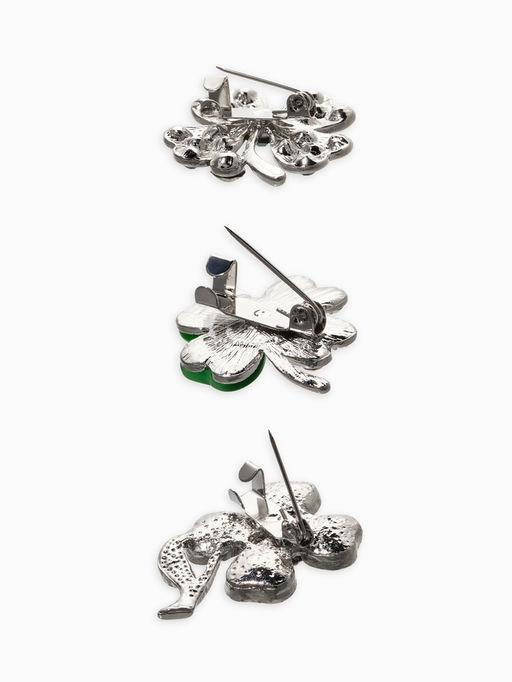 Броши "Клевер" (набор 3шт), цвет зелёный в серебре