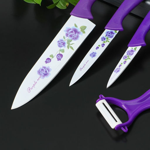 Набор кухонных принадлежностей,4 предмета: 3 ножа с антиналипающим покрытием, лезвие 8,5 см, 12 см, 20 см, овощечистка, цвет фиолетовый - Доляна фото 4