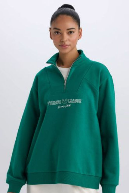 DeFactoFit Oversize Genis Kal?p Dik Yaka Spor Bask?l? Sporcu Sweatshirt