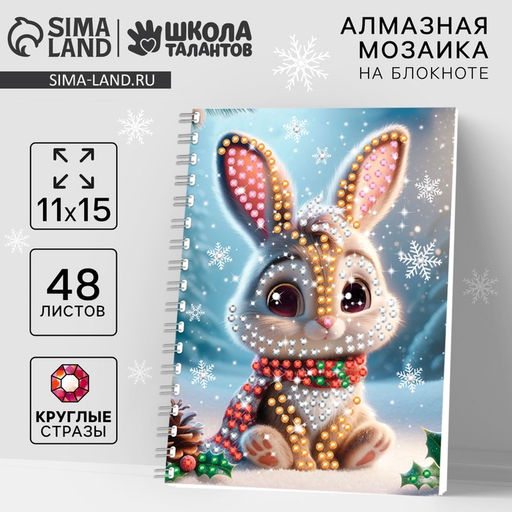 Алмазная мозаика на новый год с частичным заполнением для детей на блокноте Зайка, 11?15 см, 48 листов, набор для творчества
