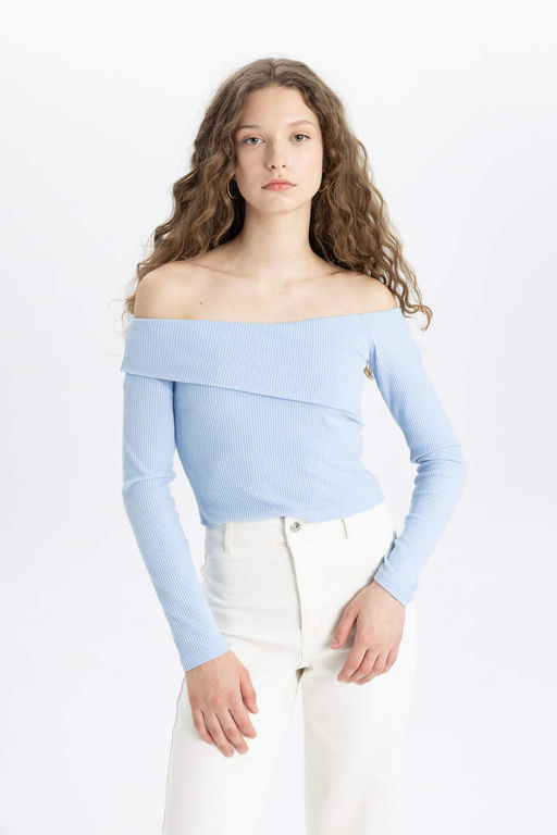 Приталенная футболка с открытыми плечами в рубчик и длинными рукавами - Defacto фото 5