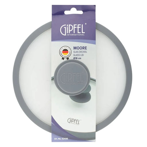 52436 GIPFEL Крышка стеклянная MOORE 18 см с силиконовым ободом. Цвет: светло-серый. Материал: закаленное стекло, силикон, нержавеющая сталь 18/8