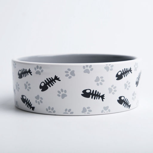 Миска для кошек керамическая Пижон Рыбные косточки и лапки 300 мл, 12.54.5 см, серая  фото 5
