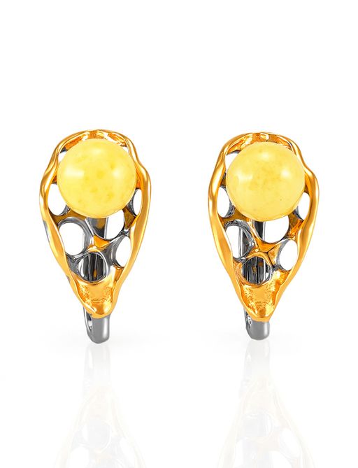 Оригинальные позолоченные серьги с натуральным медовым янтарём Турандот