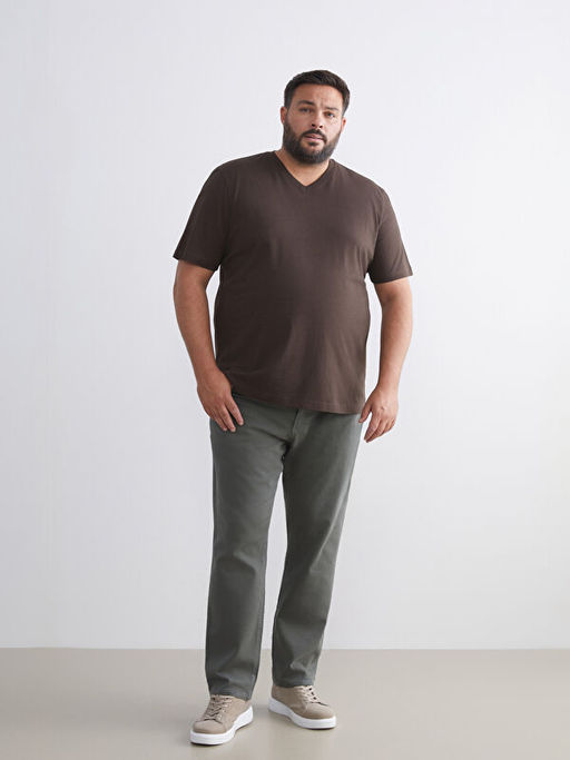 B?y?k Beden V Yaka K?sa Kollu Penye Erkek Ti??rt